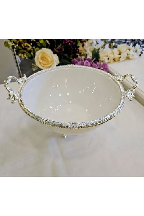 DÖKÜM KENAR ÇERCEVELİ AYAKLI PORSELEN KASE GÜMÜŞ 21 CM