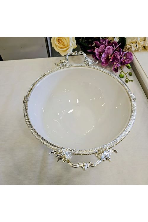 DÖKÜM KENAR ÇERCEVELİ AYAKLI PORSELEN KASE GÜMÜŞ 21 CM
