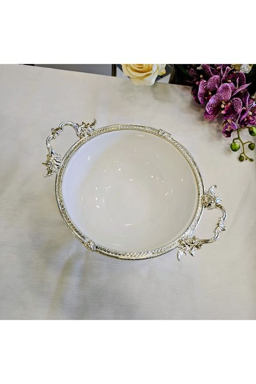 DÖKÜM KENAR ÇERCEVELİ AYAKLI PORSELEN KASE GÜMÜŞ 21 CM