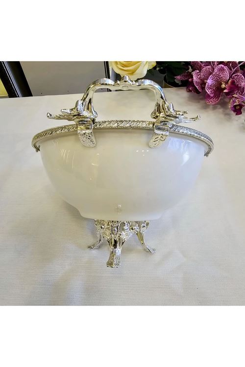 DÖKÜM KENAR ÇERCEVELİ AYAKLI PORSELEN KASE GÜMÜŞ 21 CM