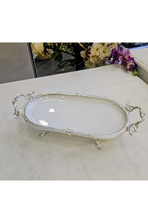 1 PARÇA DÖKÜM KENAR ÇERCEVELİ OVAL PORSELEN 25*15 GÜMÜŞ