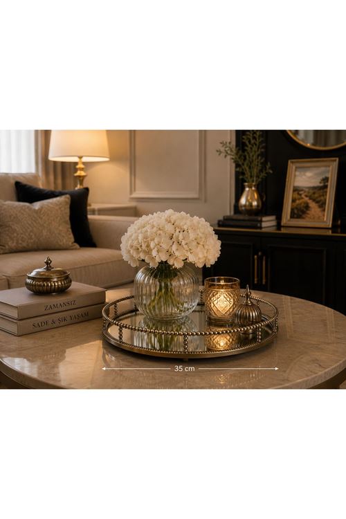 Yuvarlak Metal Aynalı Cam Tepsi Dekoratif Sunum Tepsisi Rose Gold 35X35X6