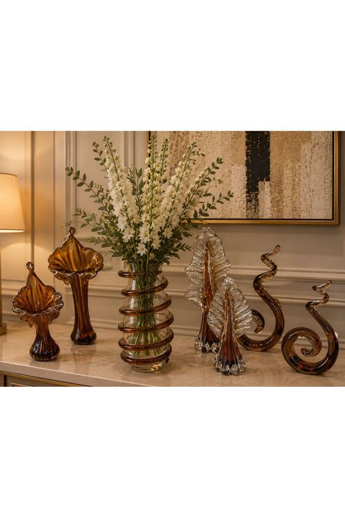 Kristal Model Ağaç Temalı 2Li Amber Renk Dekoratif Hediyelik Biblo 40x16cm - 30x14cm