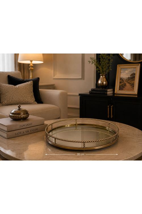 Yuvarlak Metal Aynalı Cam Tepsi Dekoratif Sunum Tepsisi Rose Gold 35X35X6