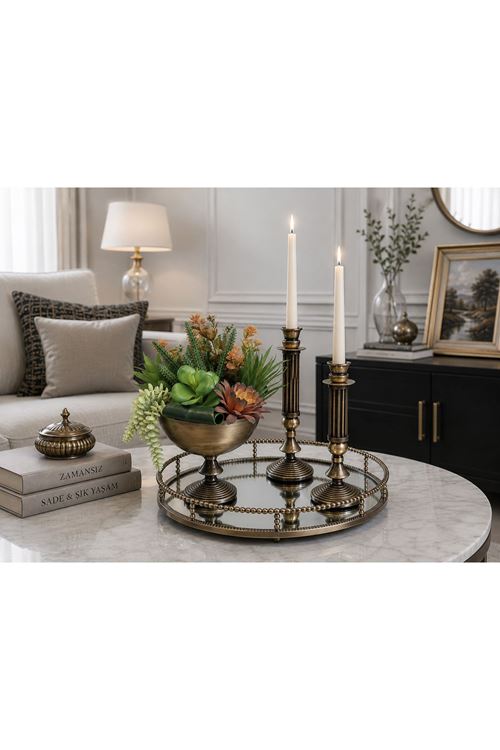 Yuvarlak Metal Aynalı Cam Tepsi Dekoratif Sunum Tepsisi Rose Gold 35X35X6