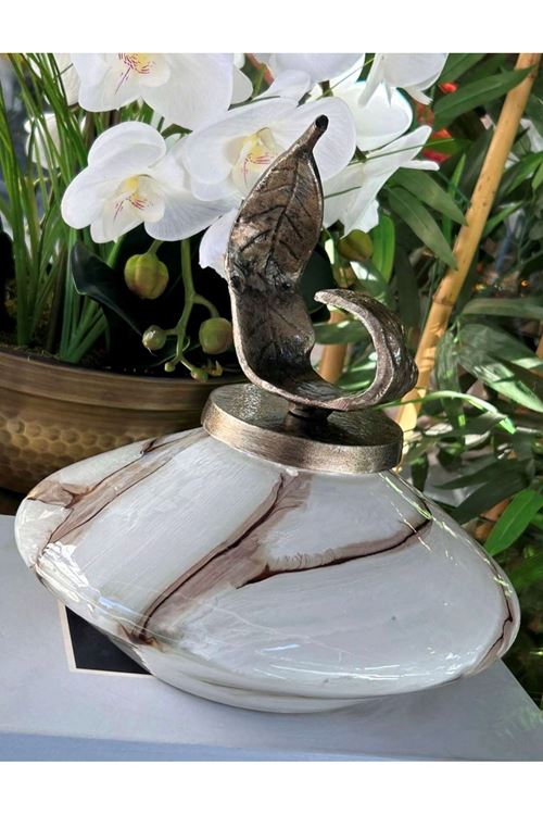 Eskitme İthal Döküm Yaprak Kapaklı Ufo Vazo 29cm 