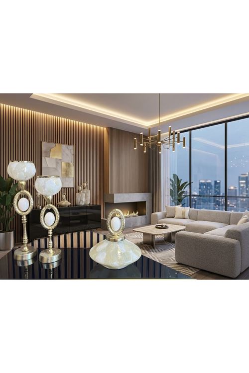İthal Gold Döküm Kapaklı Krem Oval Taşlı Ufo VAZO