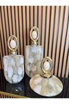 İthal Gold Döküm Krem Kapaklı Oval Taşlı Küp 2li